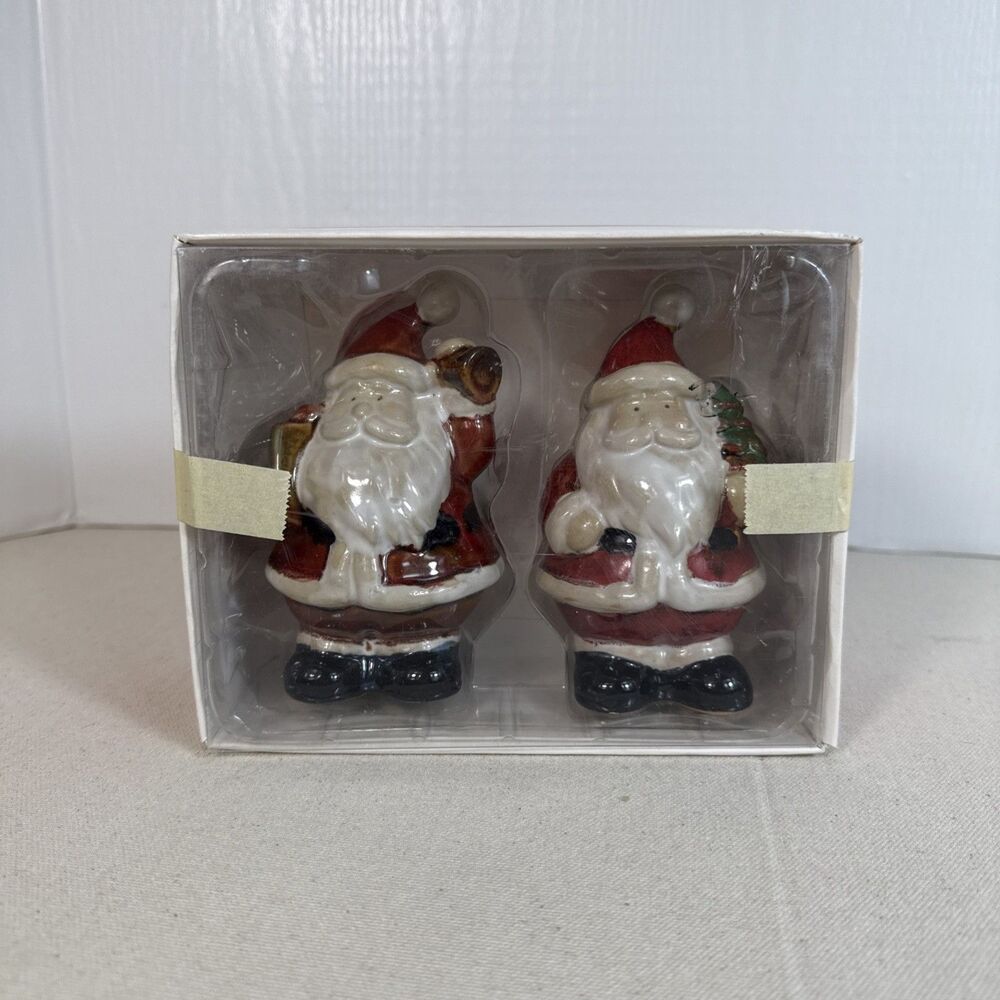 Salt & Pepper Shakers Santa with Tree and Bell Holiday Christmas 4.75”